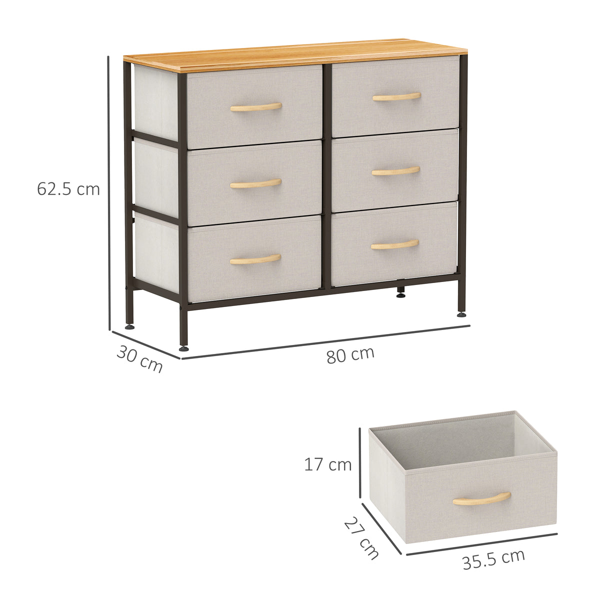 HOMCOM Fabric Chest of Drawers, Industrial Bedroom Dresser with 6 Fabric Drawers, Steel Frame and Wooden Top for Nursery, Living Room, Hallway, Cream White