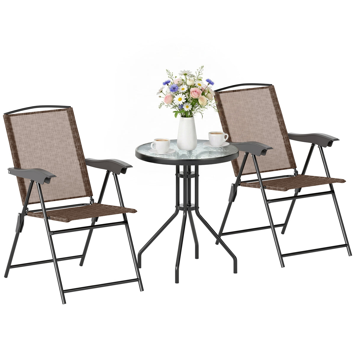 Outsunny 3 Piece Outdoor Bistro Set, Patio Conversation Furniture Set with 2 Folding Backrest Adjustable Armchairs and Glass Top Coffee Table, Brown