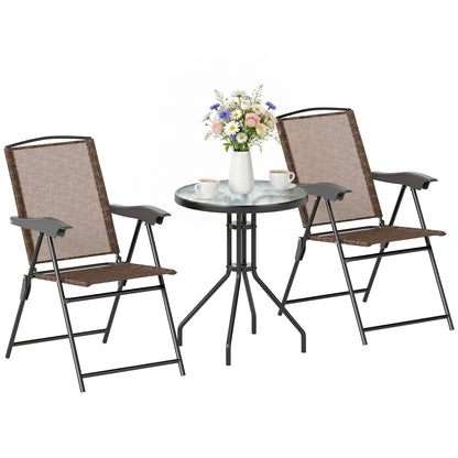 Outsunny 3 Piece Outdoor Bistro Set, Patio Conversation Furniture Set with 2 Folding Backrest Adjustable Armchairs and Glass Top Coffee Table, Brown