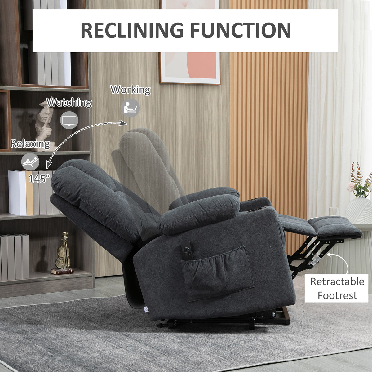 HOMCOM Electric Riser Recliner Armchair， Oversized Chair with Cup Holder & Side Pockets for Elderly in Living Room, Charcoal Grey