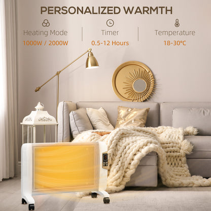 HOMCOM Mica Electric Space Heater, Portable Heater for Home with 2 Heat Settings, Living Room, Study, Garage, Adjustable Temperature 18-30°C, 1000W/2000W, White