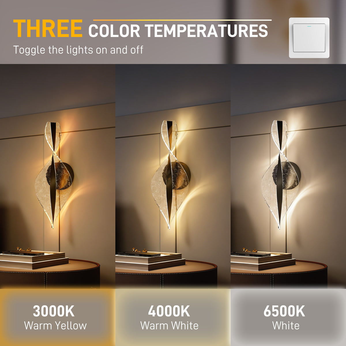 HOMCOM Led Wall Lamp 2 Pack, 13W Modern Indoor Spiral Wall Light, Colour Temperature Adjustable 3000K/4000K/6500K, for Bedroom, Living Room, Hallway, Stairs, Black