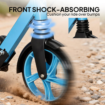 HOMCOM One-click Folding Kick Scooter for 14+ w/ Adjustable Handlebar, Push Scooter with Kickstand, Dual Brake System, Blue