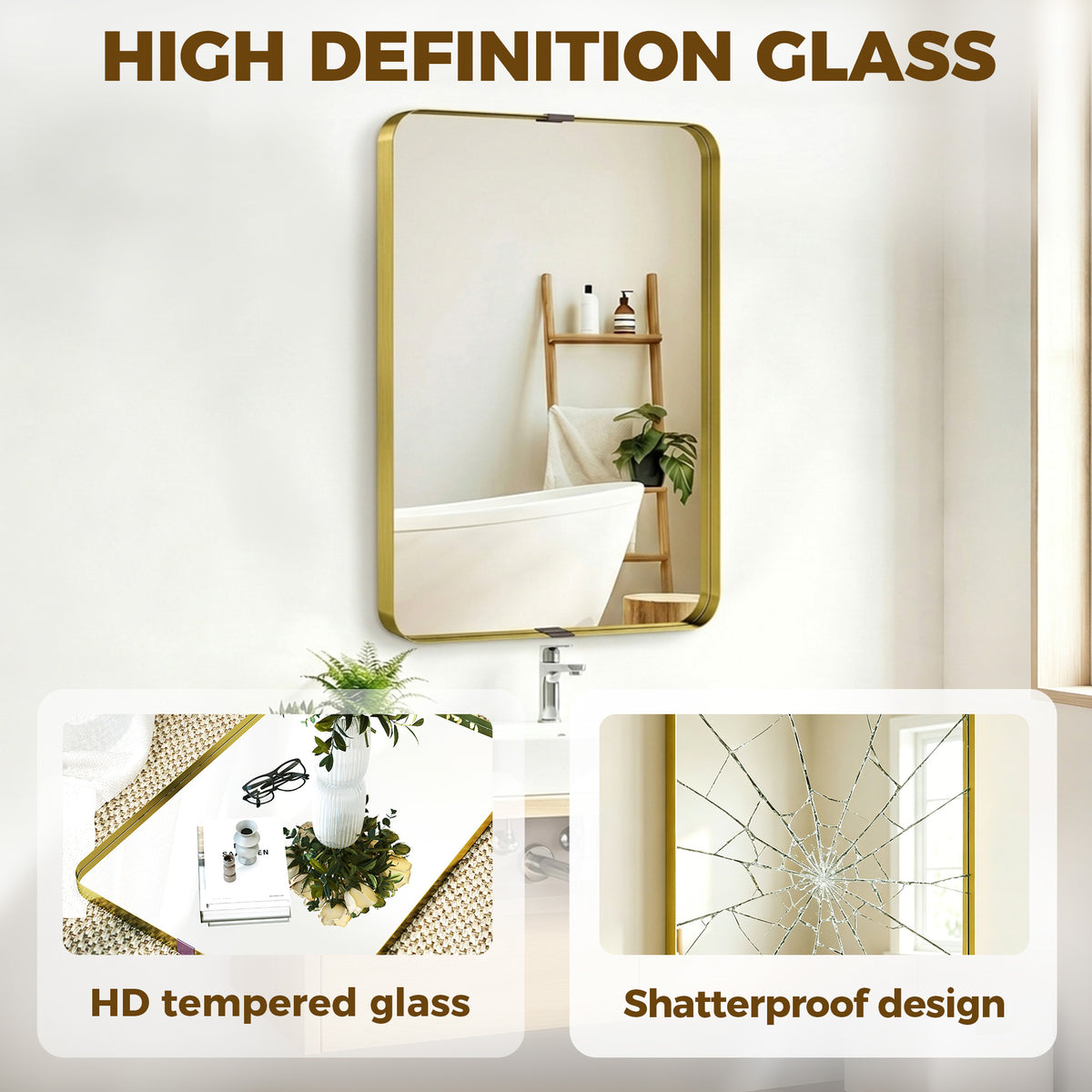 HOMCOM Rectangular Wall Mirror, 90 x 60 cm Wall Mounted Bathroom Mirror w/ Aluminium Alloy Frame and Tempered Glass, Gold Tone