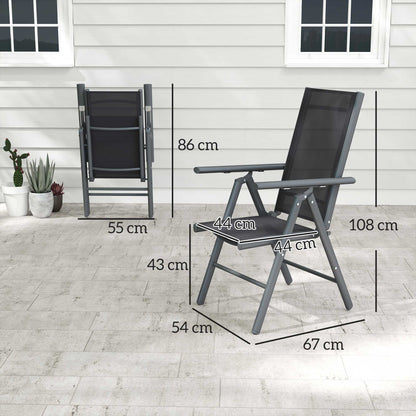 Outsunny Set of 2 Folding Garden Chairs, Aluminium Frame Outdoor Dining Chairs with Breathable Mesh Back and Seat, Garden Folding Chair Set with Armrests for Balcony, Dark Grey