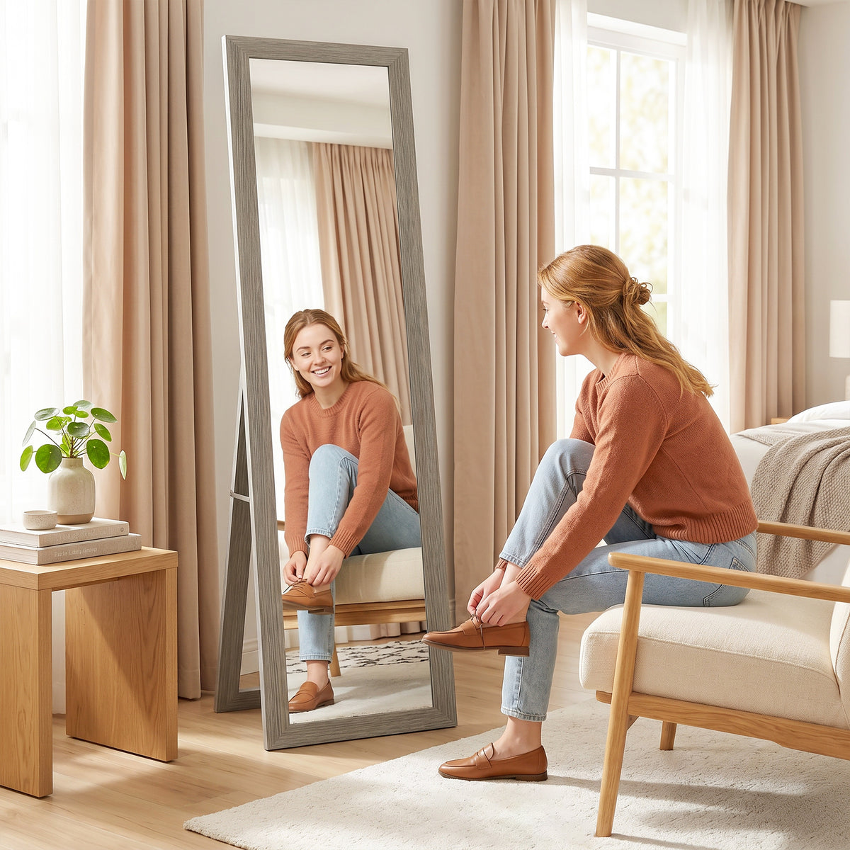 HOMCOM Full Length Mirror, 37 x 157 cm, Hanging or Freestanding, Rectangular Full Body Mirror for Living Room, Bedroom, Grey
