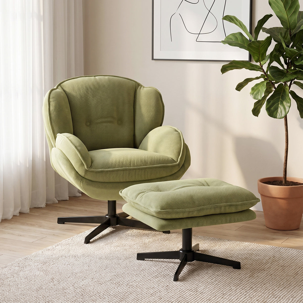 HOMCOM Armchair with Adjustable Footstool, 360-Degree Swivel Chenille Cloud Accent Chair with Thick Cushion, Steel Base, Green