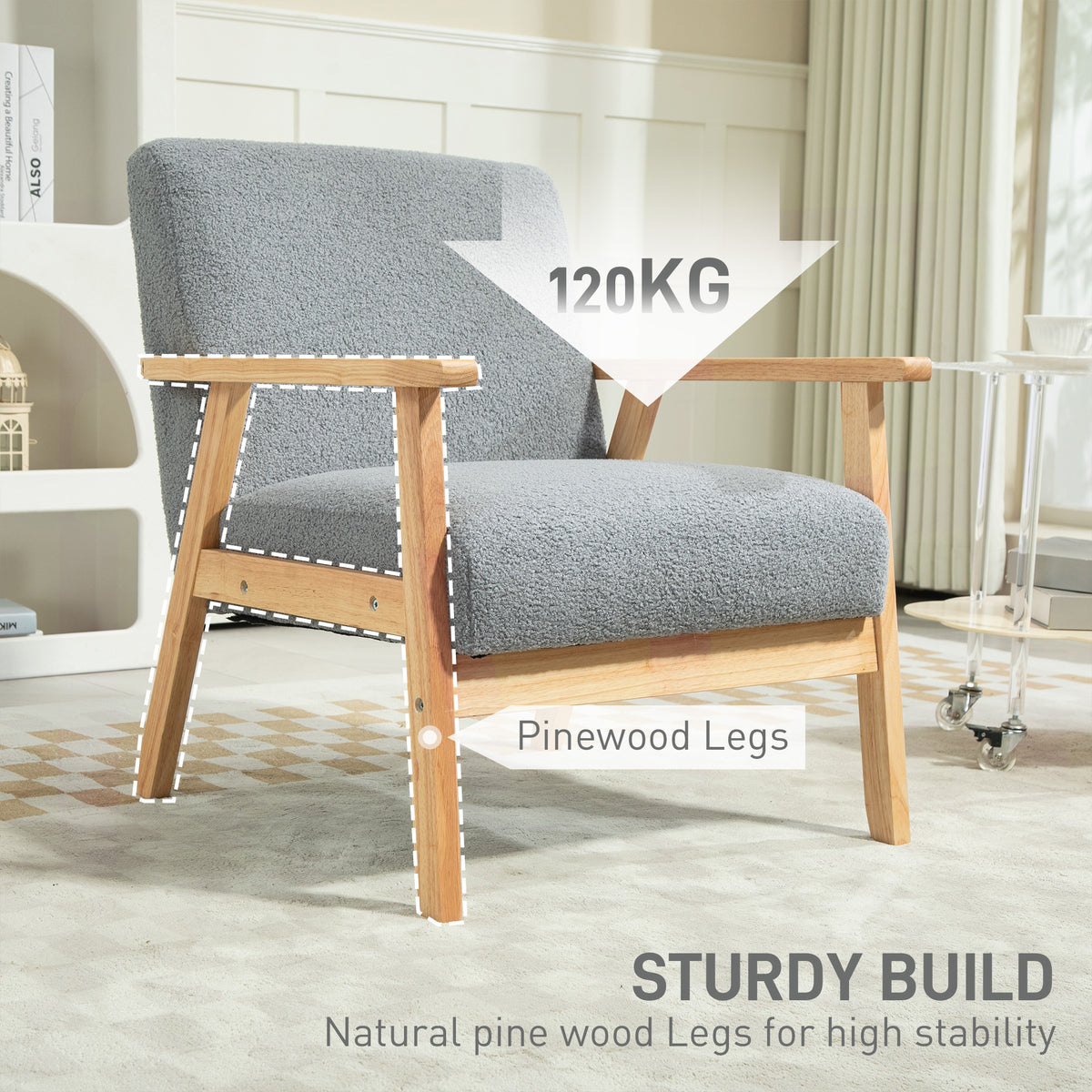 HOMCOM Modern Armchair, Sherpa Fleece Upholstered Accent Chair with Solid Wood Legs and Wide Seat, Padding Lounge Chair for Living Room Bedroom Office, Grey