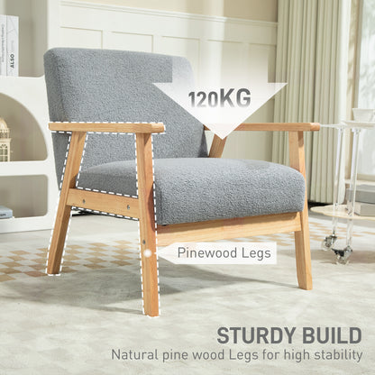 HOMCOM Modern Armchair, Sherpa Fleece Upholstered Accent Chair with Solid Wood Legs and Wide Seat, Padding Lounge Chair for Living Room Bedroom Office, Grey