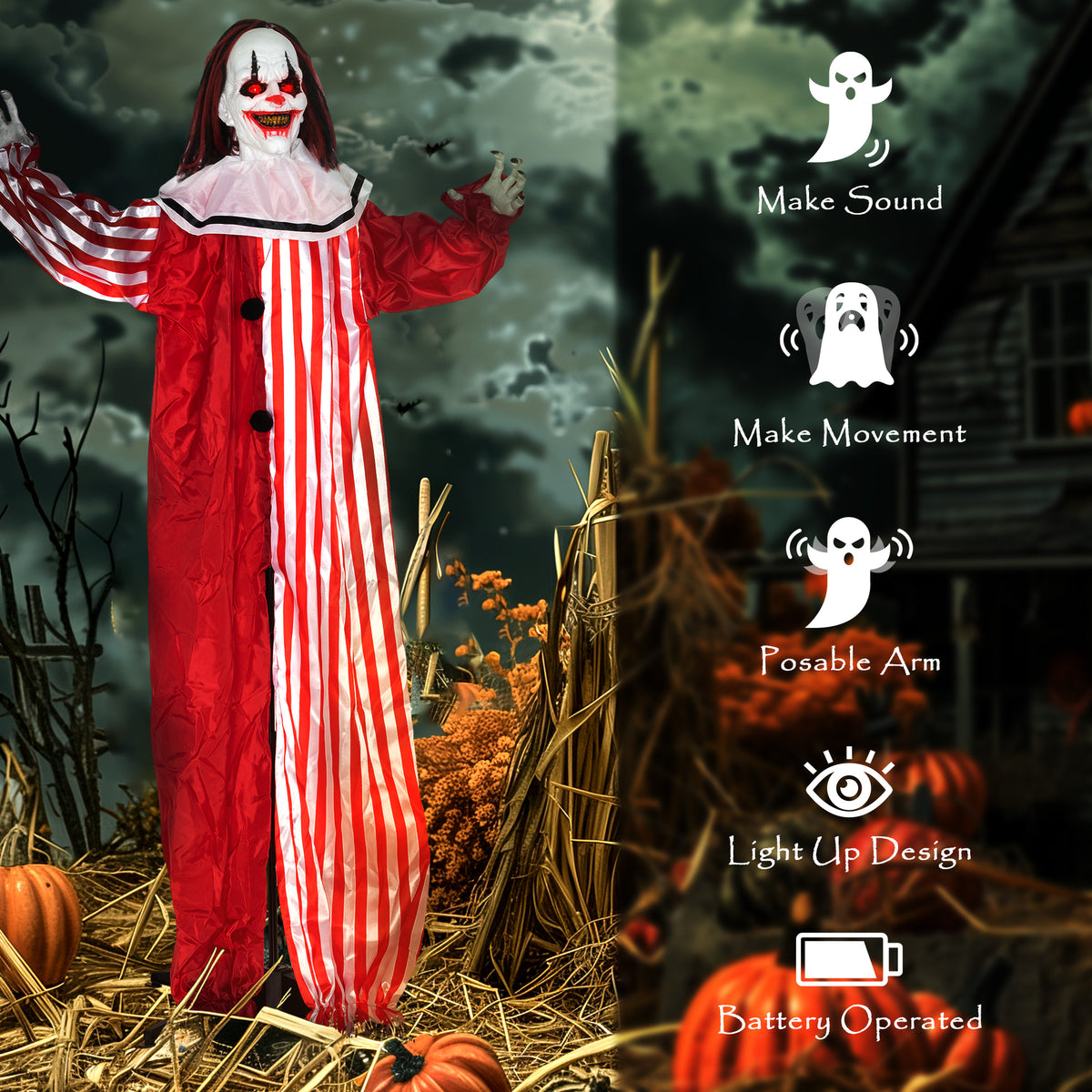 Outsunny 165 cm Life Size Halloween Animated Clown with Red Light Up Eyes, Sound Activated Moving Body, Scary Clown Halloween Decorations, Battery Operated, Indoor Party Props