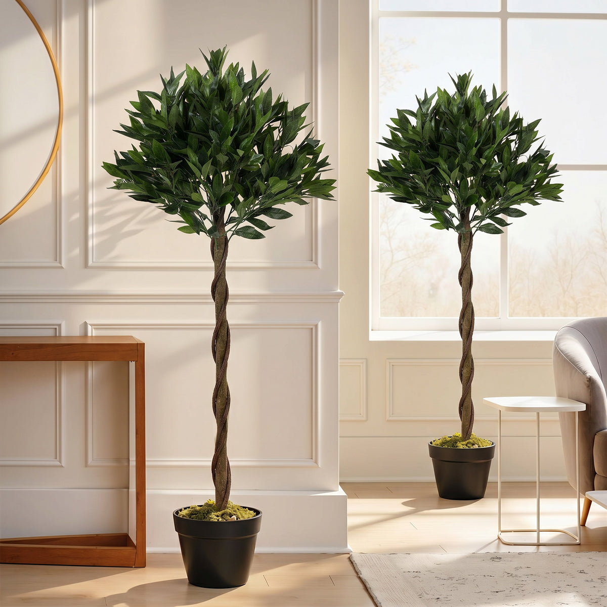 Outsunny Artificial Bay Laurel Topiary Trees with Twisted Trunk, Realistic Lush Topiary Ball Tree with Weighted Pot, Set of 2