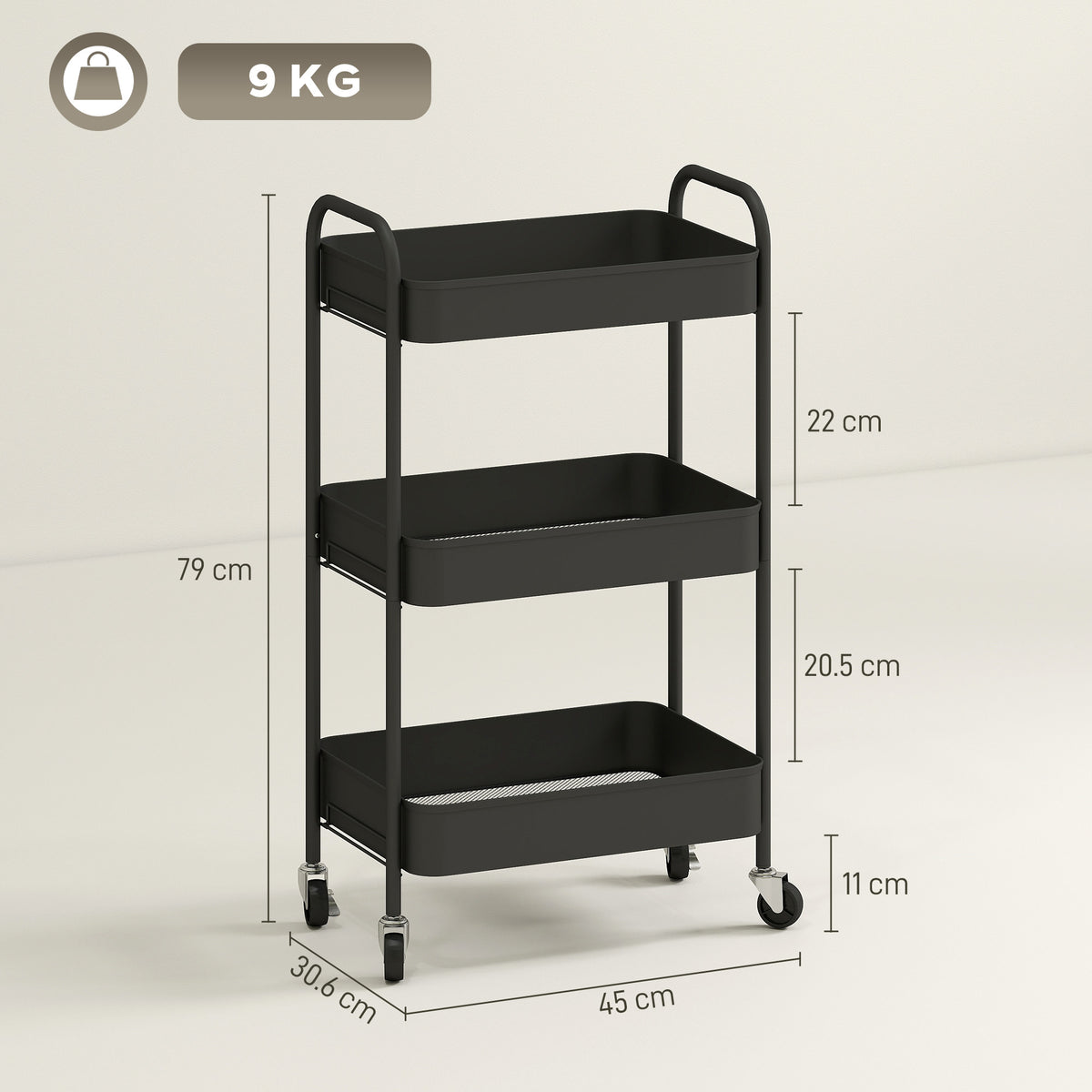HOMCOM Three-Tier Steel Storage Trolley - Black