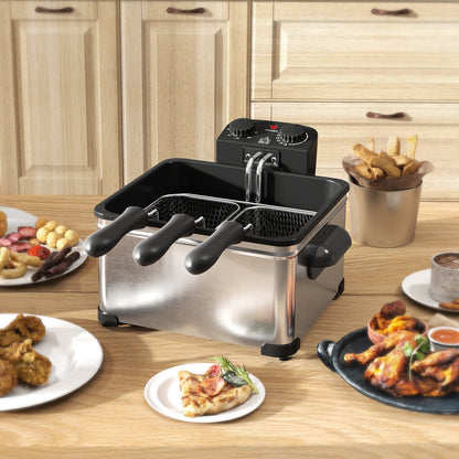 HOMCOM 5 Litre Deep Fat Fryer Stainless Steel with Adjustable Temperature, 60min Timer, Removable Oil Basket, Viewing Window and Safety Cut Out, 2000W