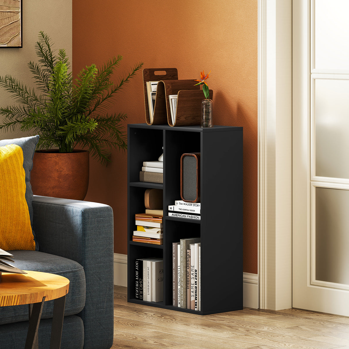 HOMCOM 2-Tier Bookshelf with 5 Compartments - Black
