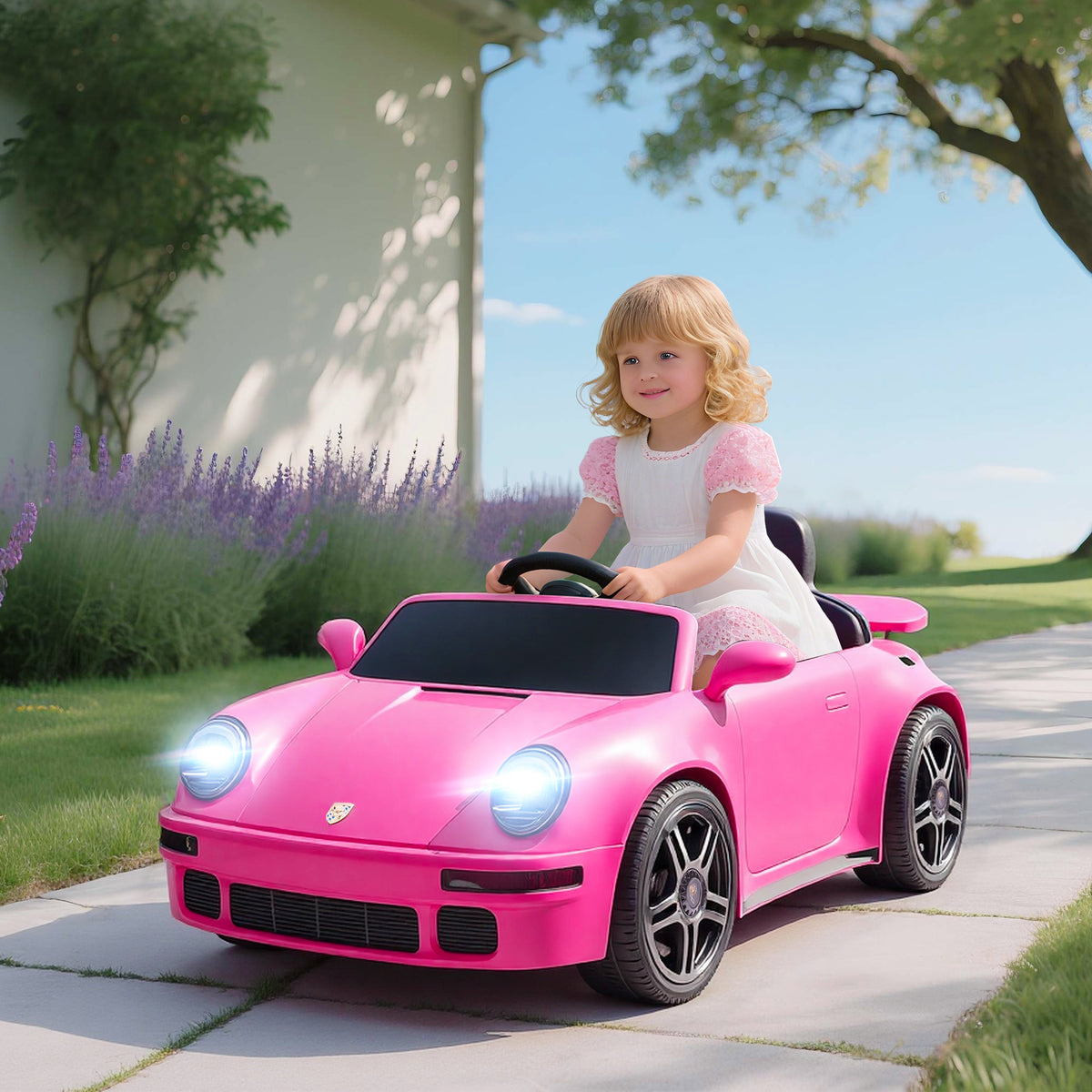 AIYAPLAY Licensed RUF CTR 2017-Yellowbird Electric Car for Kids, with Remote Control, Soft Start, MP3 Player, LED Lights, Pink
