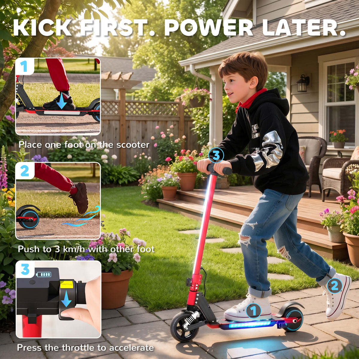 SPORTNOW Folding Electric Scooter for Kids, with Dual Brakes, Front Suspension, LED Colourful Lights, Red