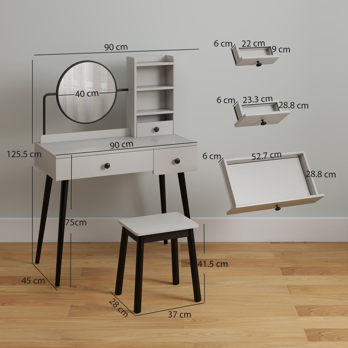 HOMCOM Dressing Table Set with Mirror and Stool, Vanity Makeup Table with 3 Drawers and Open Shelves for Bedroom, Living Room, Grey