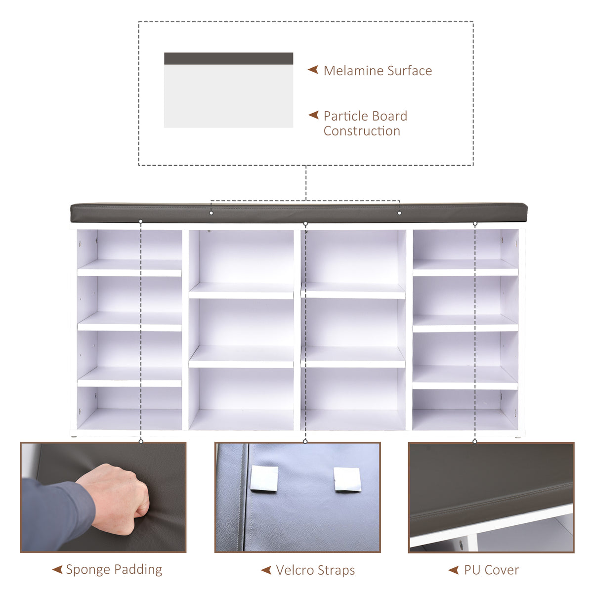 HOMCOM Multi-Storage Shoe Rack with 14 Compartments Cushion Moving Shelves, Solid Frame Foot Pads, White