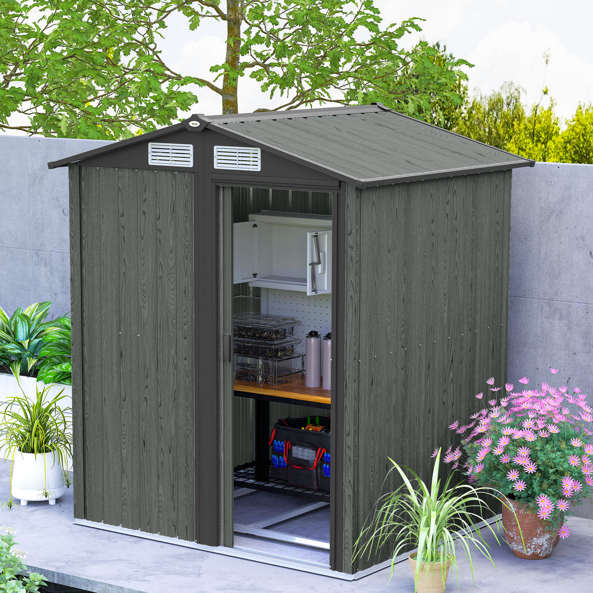 Outsunny 4.3 x 5ft Outdoor Garden Storage Shed - Grey Wood Effect