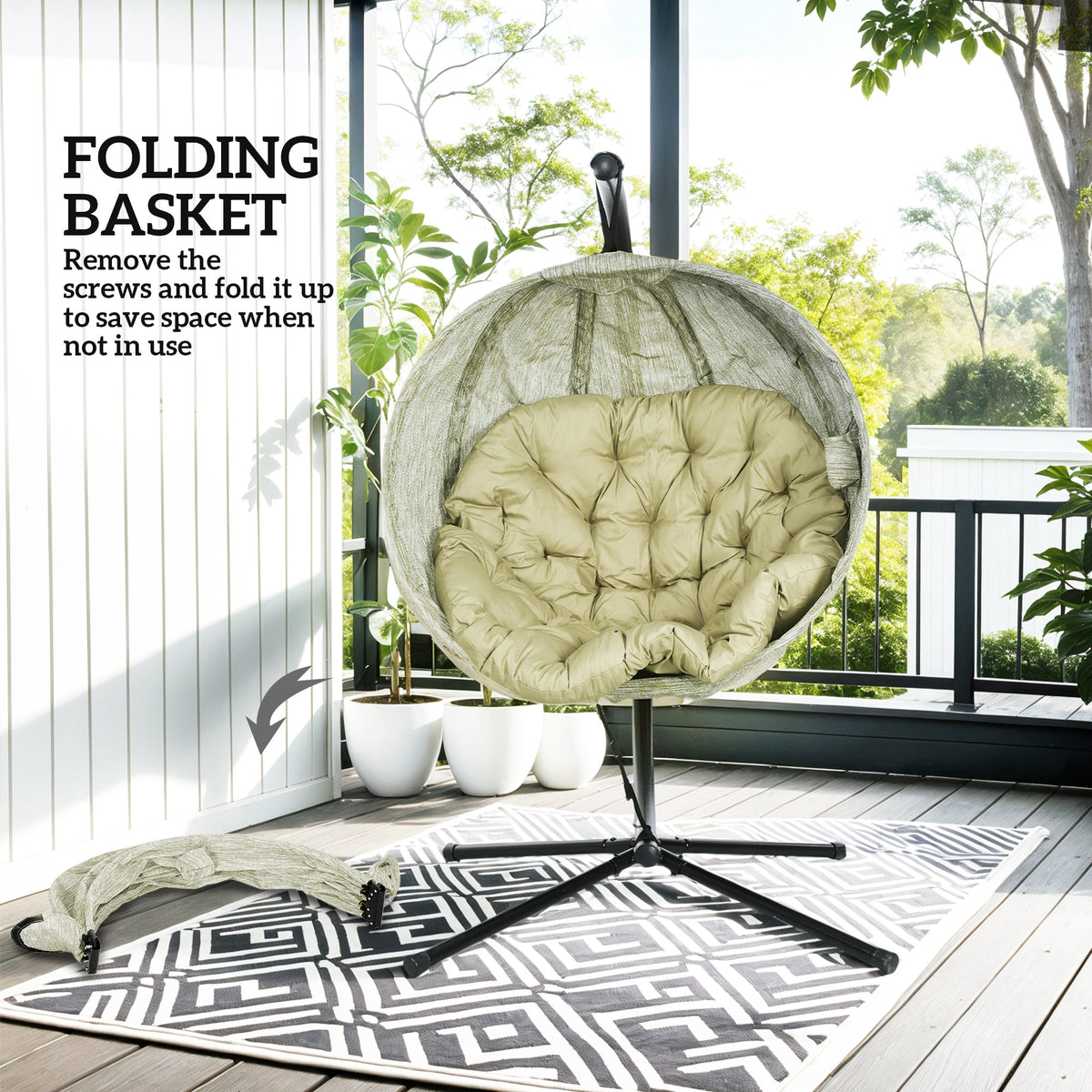 Outsunny Hanging Egg Chair Outdoor Indoor Garden Swing Chair with Folding Basket, Thickened Cushion, Cup Holder for Patio, Balcony, Khaki