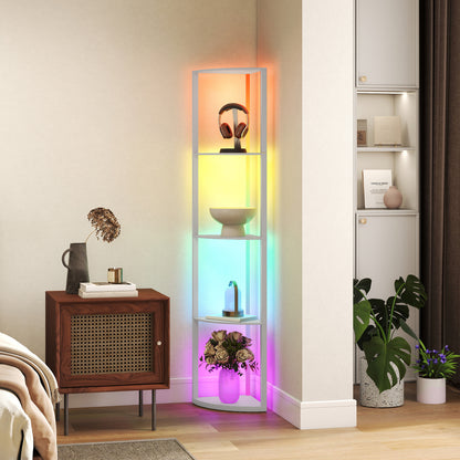 HOMCOM RGB LED Floor Lamp with Shelves, 4-Tier Dimmable Standing Lamp with Adjustable Brightness and Remote Control, Modern Corner Display Shelf Unit for Living Room Bedroom Office, Grey