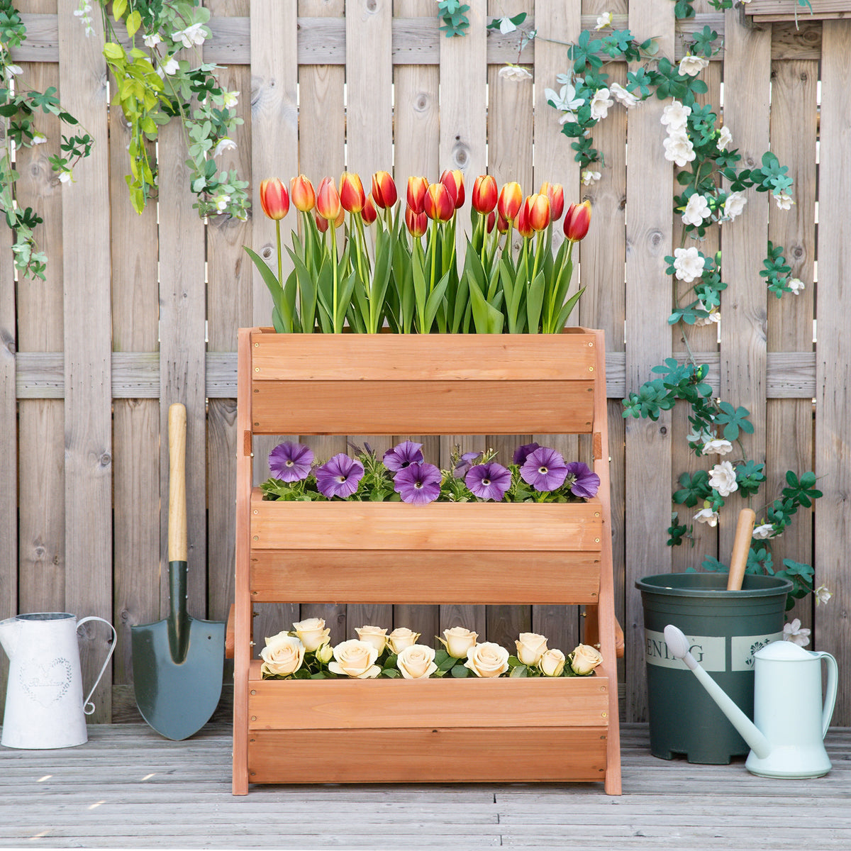 Outsunny 3 Tier Raised Garden Bed Wooden Elevated Planter Box Kit, 66L for Flower, Vegetable, Herb, 65x75x78cm, Brown