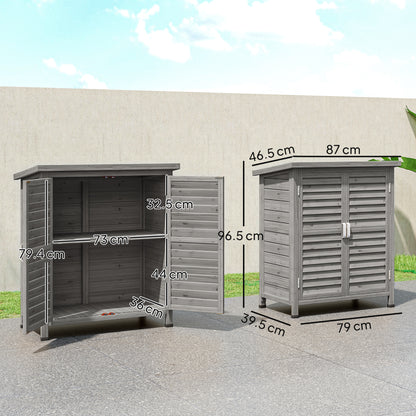 Outsunny Garden Shed Wooden Garden Storage Shed 2 Door Unit Solid Fir Wood Garage Tool Organisation Cabinet, 87L x 46.5W x 96.5Hcm, Grey