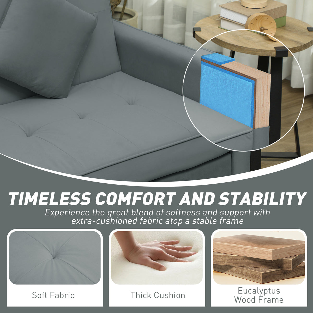 HOMCOM Three-Person Velvet-Feel Sofa Bed - Grey