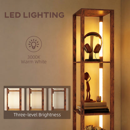HOMCOM Floor Lamp with Shelves, LED Column Modern Standing Lamp with Fabric Drawer, Adjustable Brightness, Foot Switch for Living Room, Bedroom, Office, Rustic Brown
