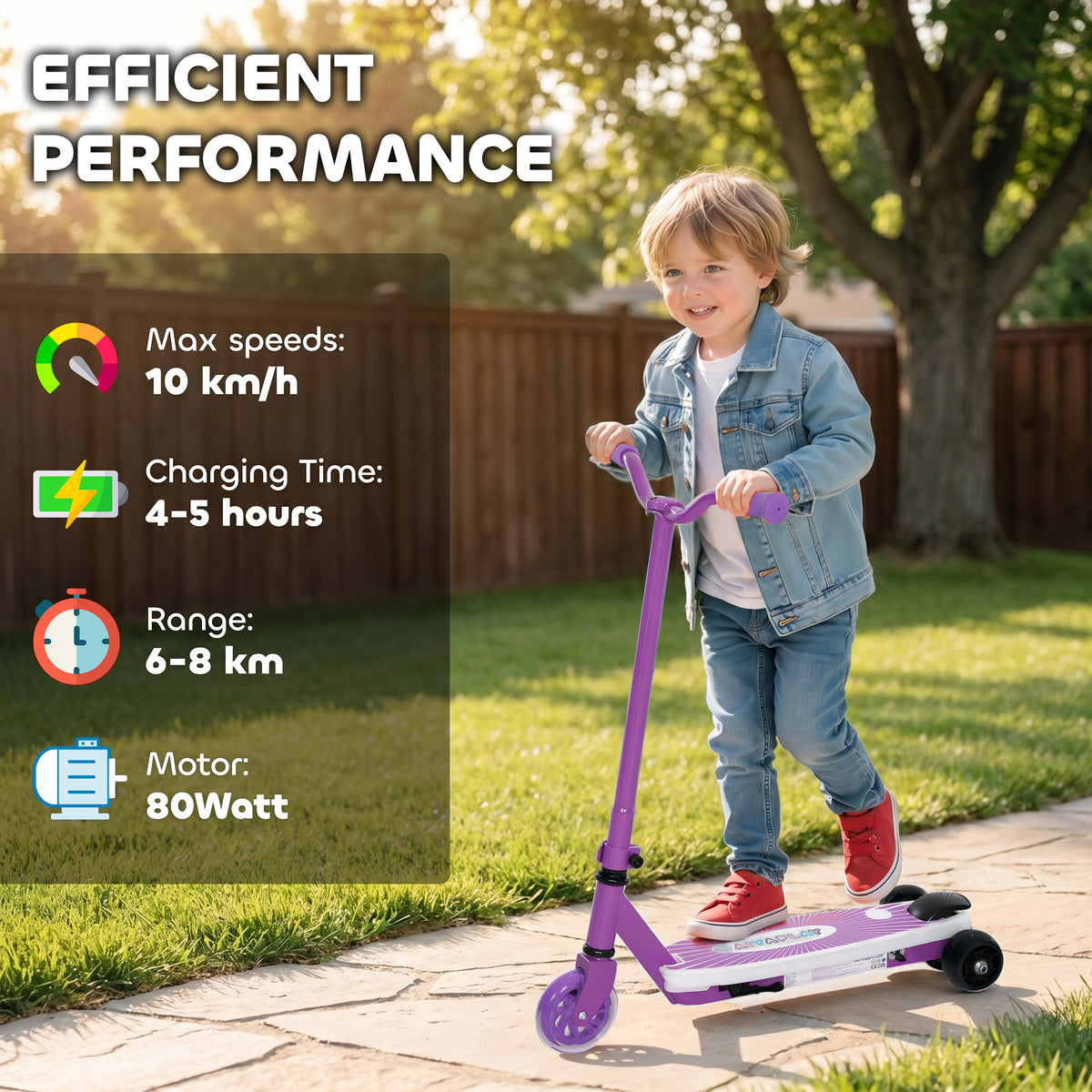AIYAPLAY Electric Scooter for Kids Aged 4-7 Years, with Flashing LED Lights, Rear Auxiliary Wheels, Purple