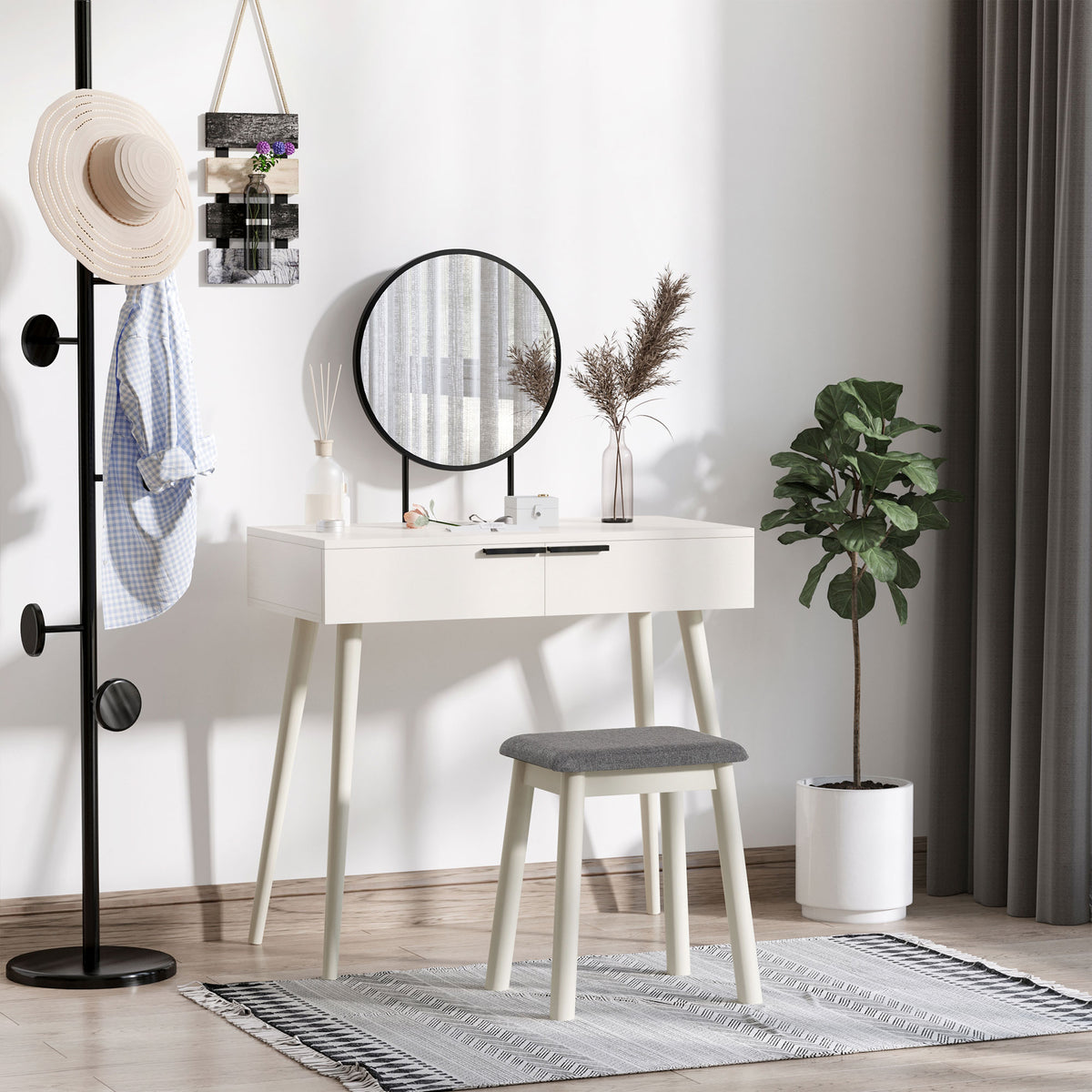 HOMCOM Modern Dressing Table with Round Mirror and Stool, Makeup Vanity Table with 2 Drawers for Bedroom, Living Room, 80 x 40 x 123 cm, White