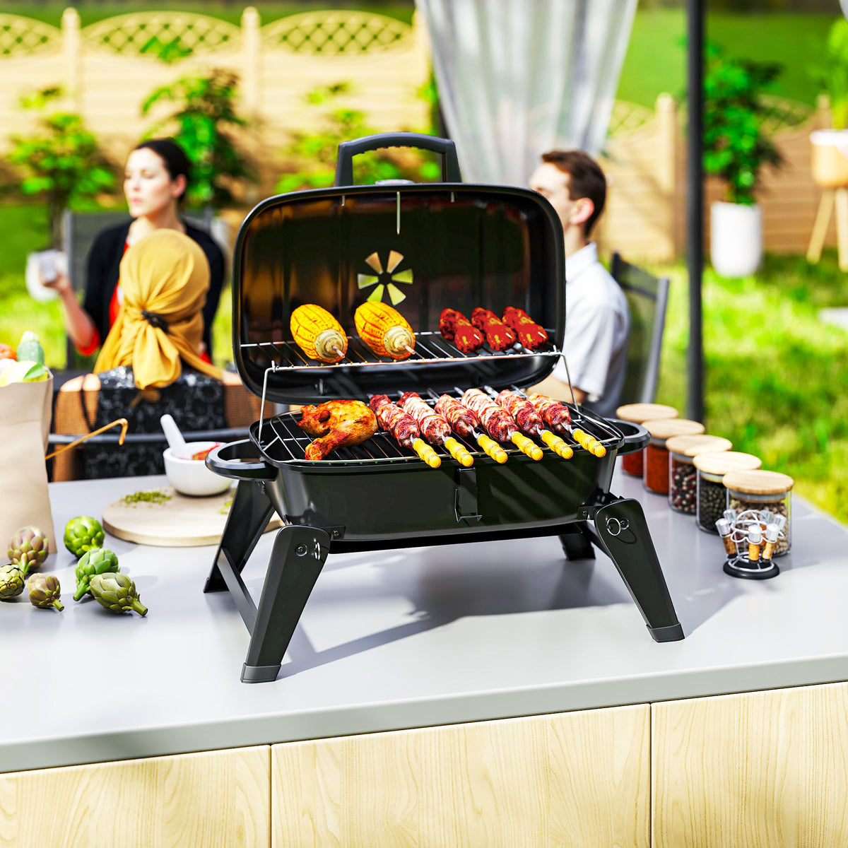 Outsunny Charcoal Barbecue Grill Folding Portable BBQ Grill for Camping with 1232 cm² Cooking Area, Adjustable Vent, Thermometer, Handles for Picnic, 59 x 37 x 36 cm, Black