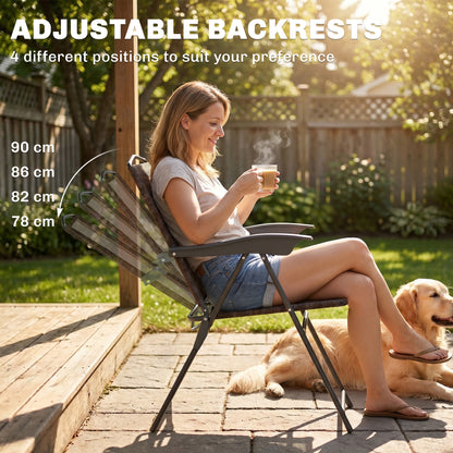 Outsunny 3 Piece Outdoor Bistro Set, Patio Conversation Furniture Set with 2 Folding Backrest Adjustable Armchairs and Glass Top Coffee Table, Brown