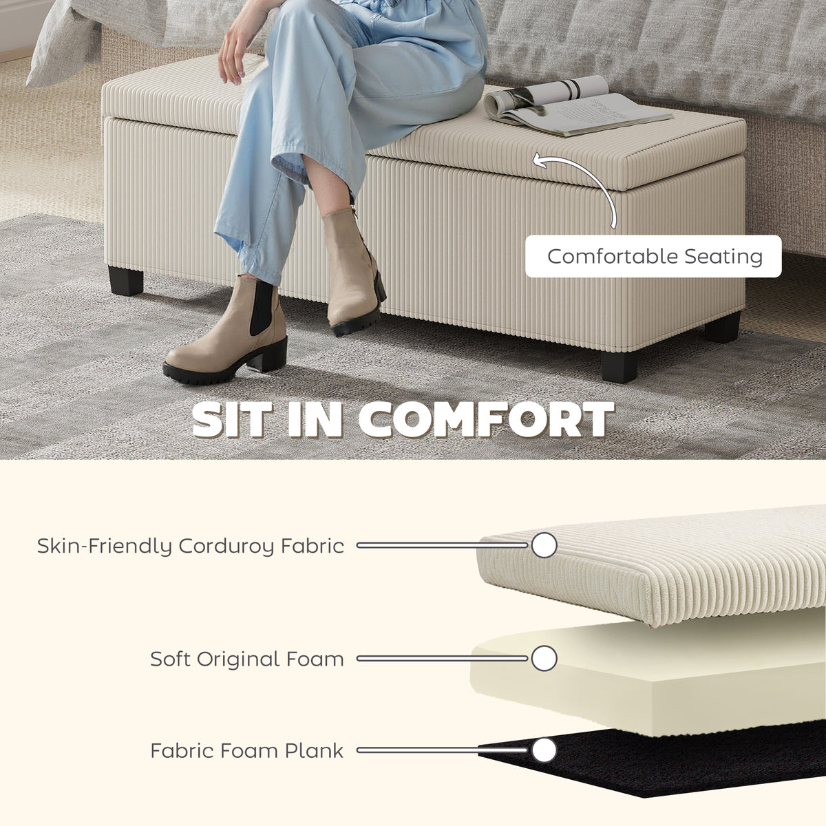 HOMCOM Storage Ottoman Bench, Corduroy Storage Chest Box with Wooden Legs, 112cm Bed End Bench for Living Room, Bedroom, Entryway, Hallway, Beige