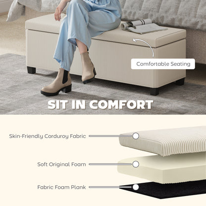 HOMCOM Storage Ottoman Bench, Corduroy Storage Chest Box with Wooden Legs, 112cm Bed End Bench for Living Room, Bedroom, Entryway, Hallway, Beige