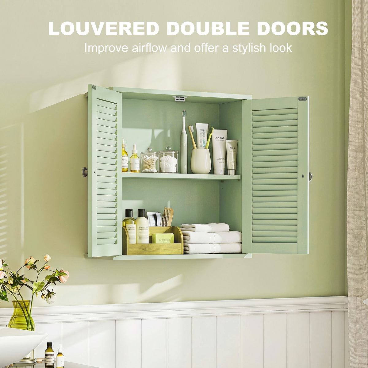 HOMCOM Bathroom Cabinet, Bathroom Wall Cabinet with Louvered Doors and Adjustable Shelf Storage for Kitchen, Light Green