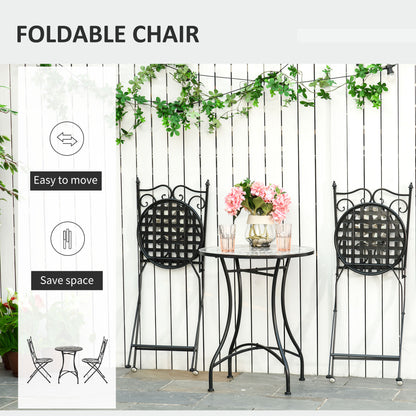 Outsunny 3 Pcs Mosaic Tile Garden Bistro Set Outdoor Seating w/ Table 2 Folding Chairs Set Metal Frame Elegant Scrolling Indoor Patio Balcony, Grey