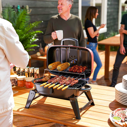 Outsunny Charcoal Barbecue Grill Folding Portable BBQ Grill for Camping with 1232 cm² Cooking Area, Adjustable Vent, Thermometer, Handles for Picnic, 59 x 37 x 36 cm, Red