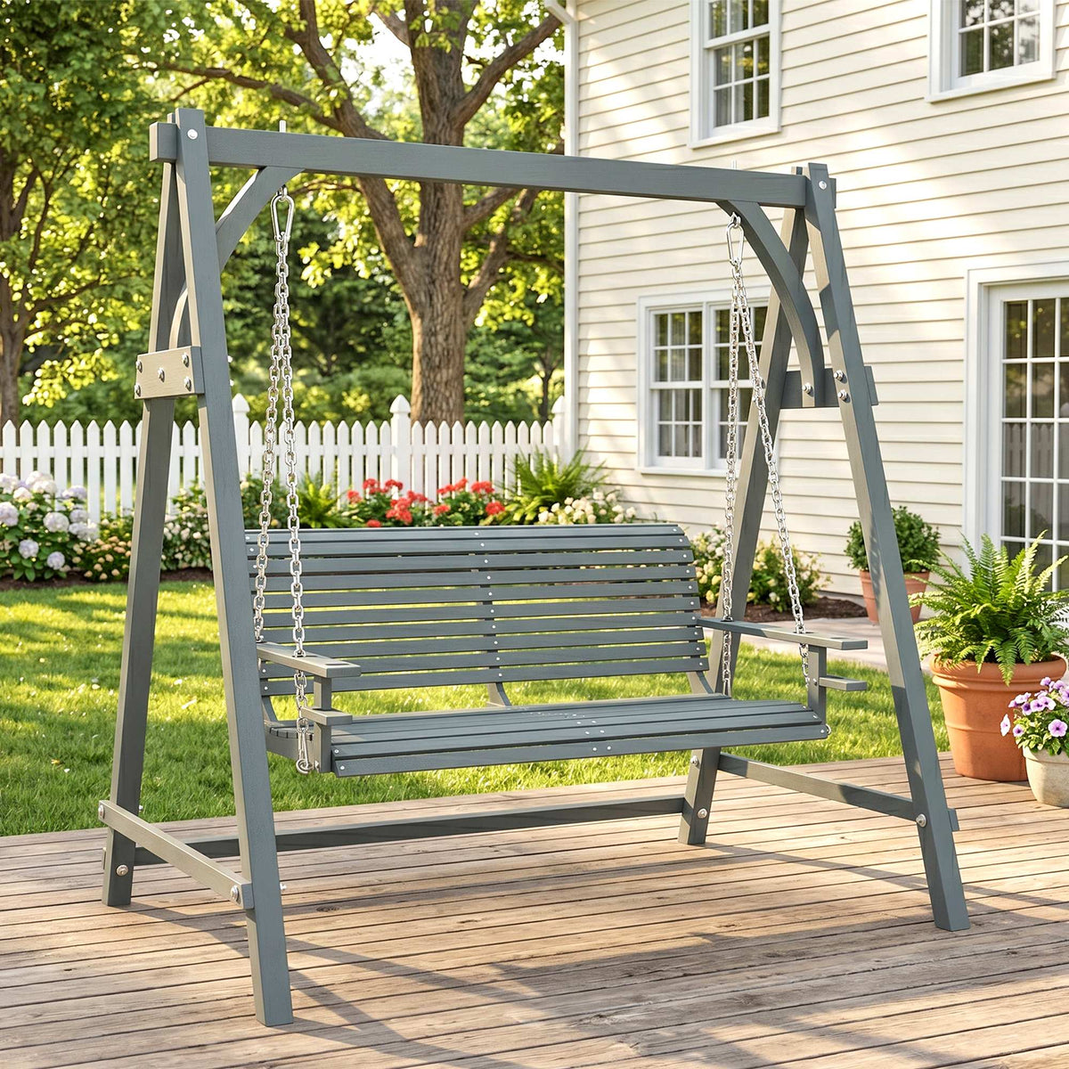 Outsunny 2 Seater Garden Swing Seat, Wooden Swing Chair Bench with Cup Holders for Outdoor Porch Patio, Grey