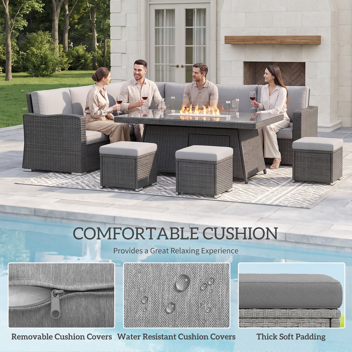 Outsunny Seven-Piece Firepit Table Rattan Sofa Set - Grey