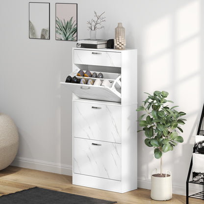 HOMCOM Marble Shoe Storage Cabinet with 3 Flip Drawers, Hallway Cabinet with Top Drawer and Adjustable Shelves, Shoe Cupboard for 18 Pairs, White
