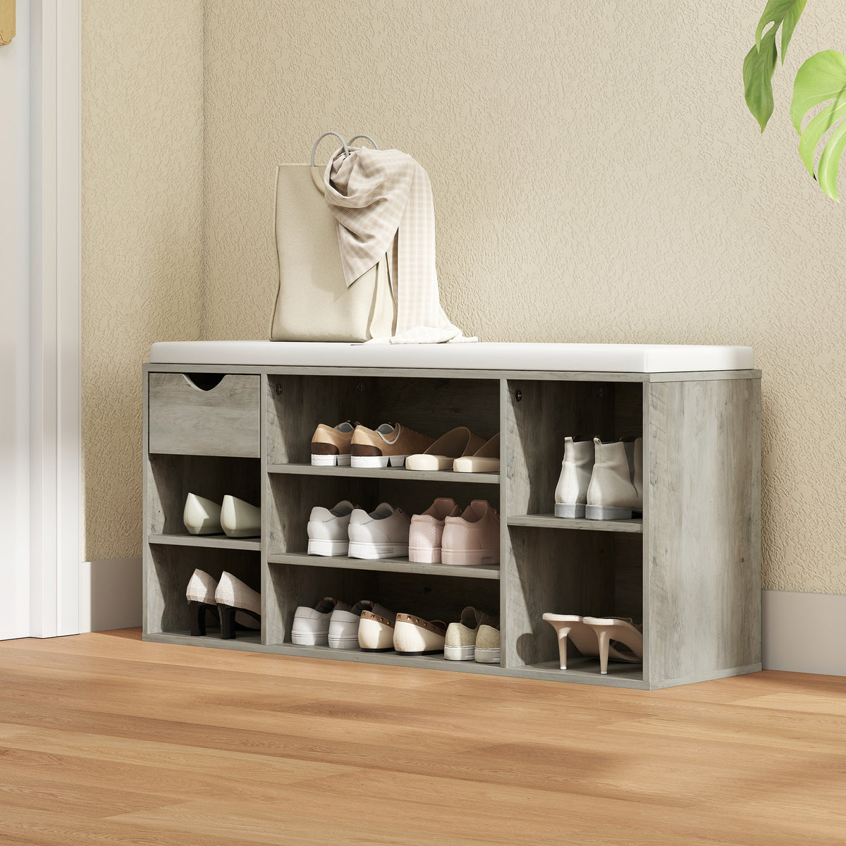 HOMCOM Shoe Storage Bench with Cushion - Grey