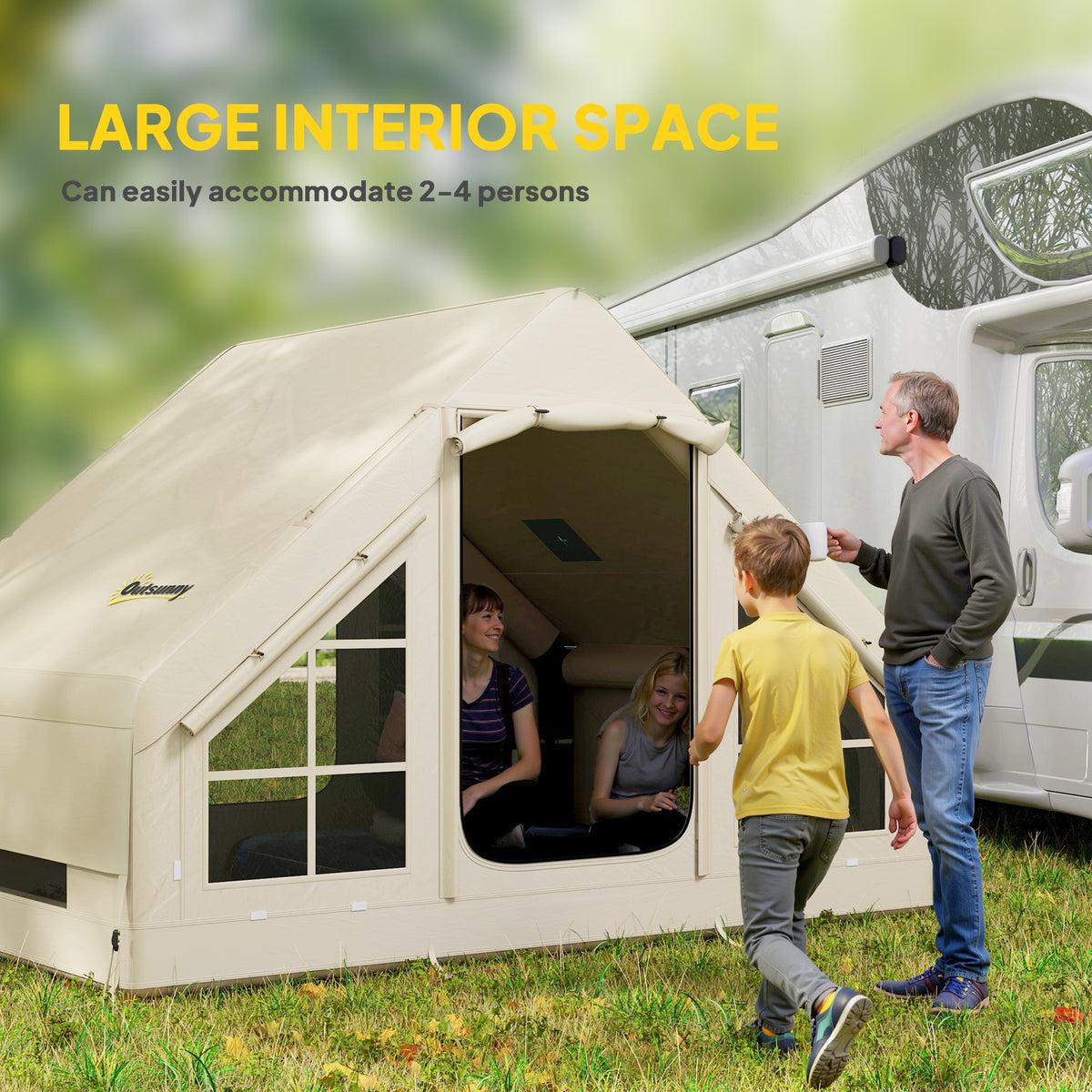 Outsunny Inflatable Camping Tent with Pump, Stove Jack Hole, Easy Setup 2-4 Person Family Blow Up Tent, Waterproof Glamping Luxury Inflatable Tent, Mesh Windows, Doors, Hook, Carry Bag, Beige