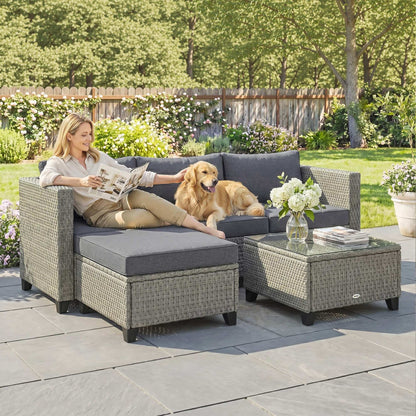 Outsunny 5-Piece Rattan Patio Furniture Set with Corner Sofa, Footstools, Coffee Table, for Poolside, Dark Grey