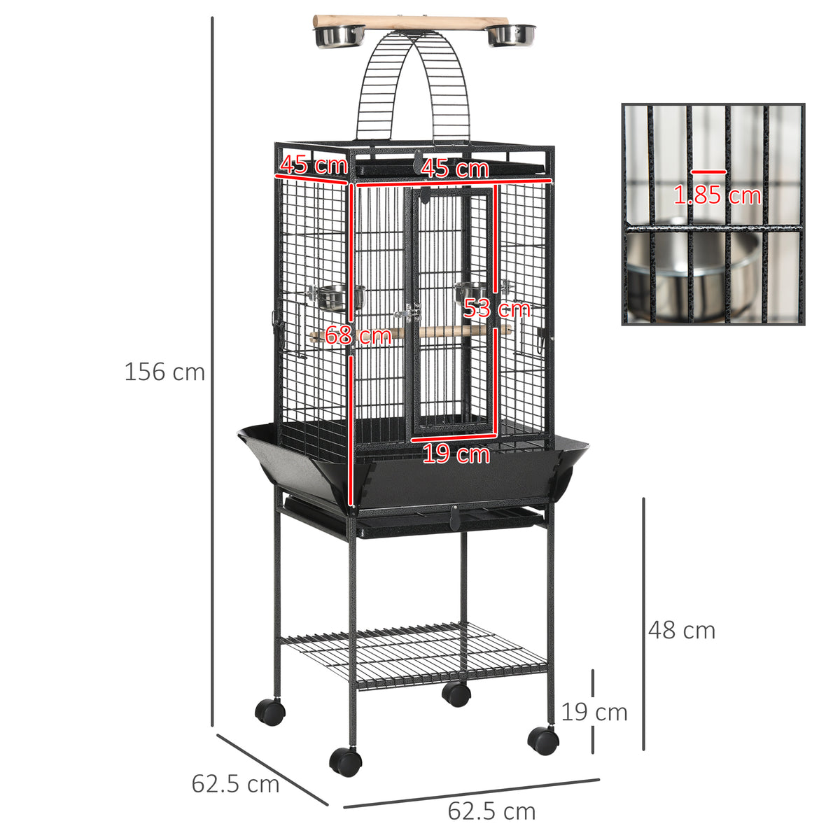 PawHut 156cm Bird Cage, Parrot Cage with Open Play Top, Perch, Seed Guard, Wheels, Storage Shelf, Dark Grey
