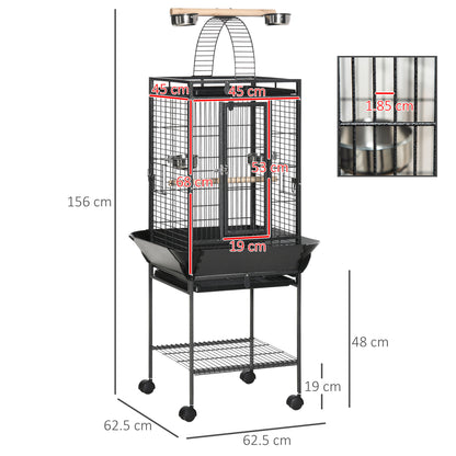 PawHut 156cm Bird Cage, Parrot Cage with Open Play Top, Perch, Seed Guard, Wheels, Storage Shelf, Dark Grey