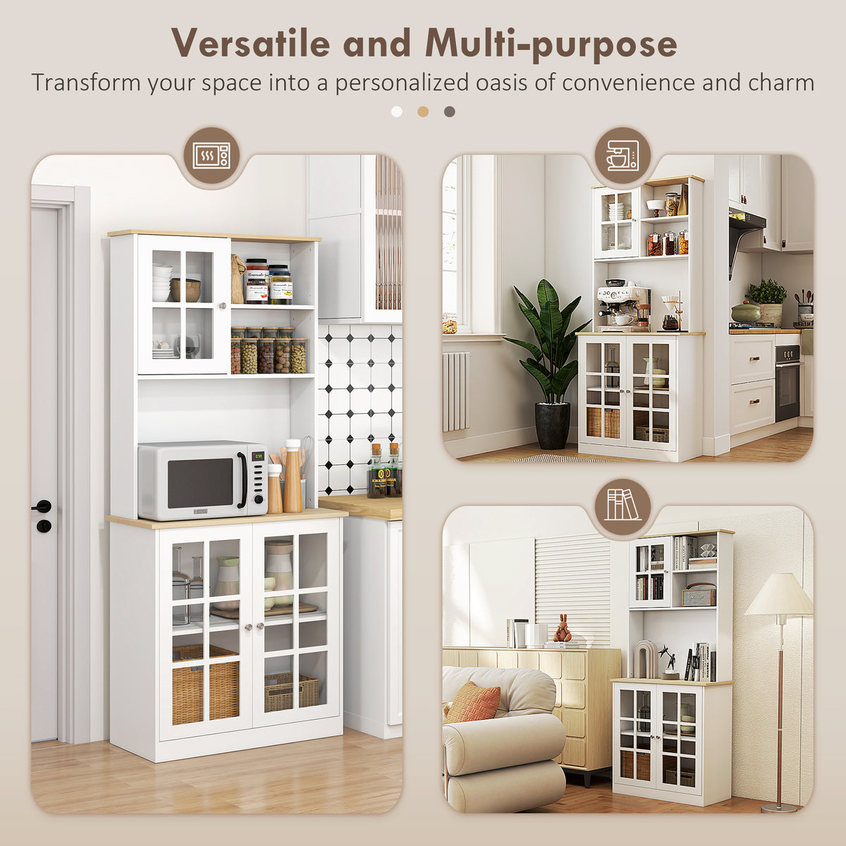 HOMCOM Kitchen Pantry, Buffet Hutch with 3 Storage Cabinets, 2 Open Shelves and Large Countertop for Kitchen, Living Room and Entryway, White