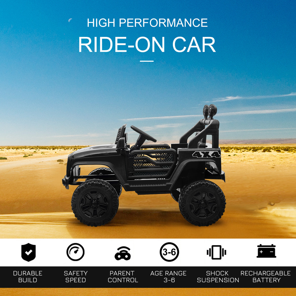 HOMCOM Kids Ride On Car, 12V Electric Cars for Kids with Parental Remote Control, 2 Motors, 4-Wheel Suspension, LED Lights, Horn, 3-5km/h, Battery Powered Ride On Toy for 3-6 Years Old Black