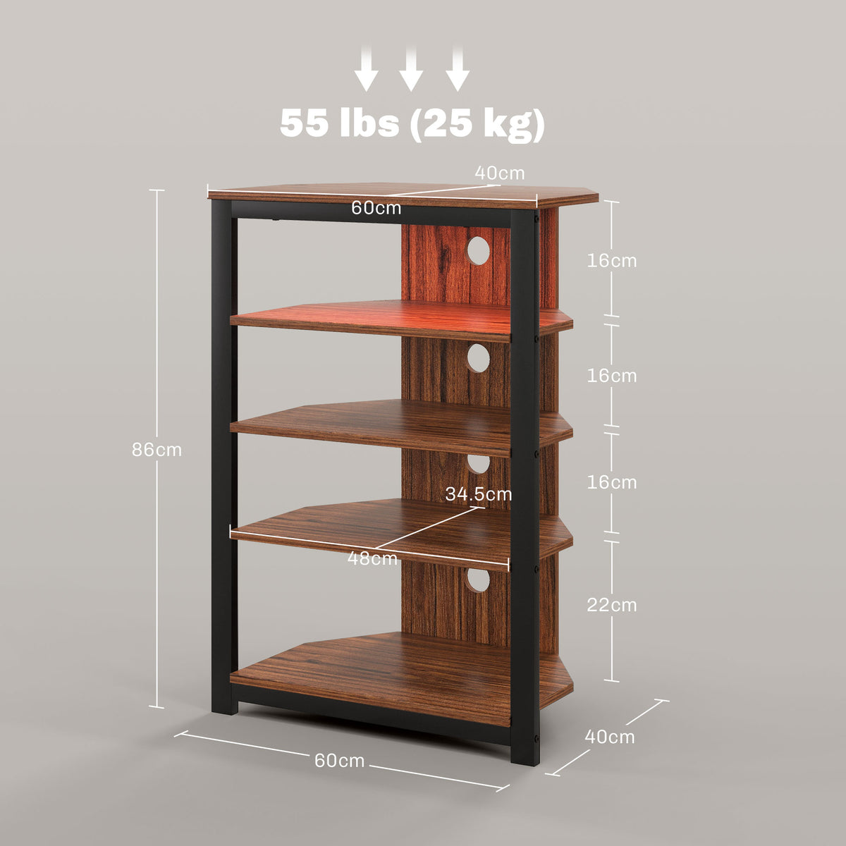 HOMCOM 4-Tier Corner TV Stand with Storage, LED Lights, Cable Management, Small Entertainment Centre for TVs up to 29", for Living Room, Bedroom, Brown Wood Effect
