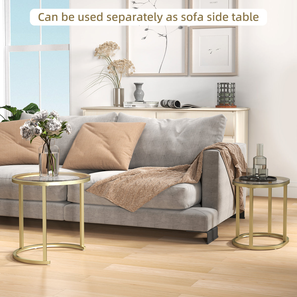 HOMCOM Nest of Tables with Steel Frame and Tempered Glass Tabletop, Modern Coffee Table Set of 2, Clear